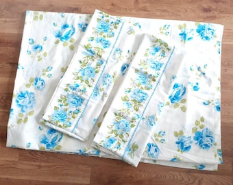 Vintage Bedding Set Wabasso Flat Sheet Texmade Pillowcase Pair Blue Florals