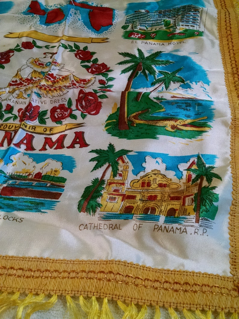 Bright Fabulous Vintage Satin Souvenir Pillow Cover Panama