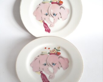 Vintage Porcelain Plates Pink Elephant