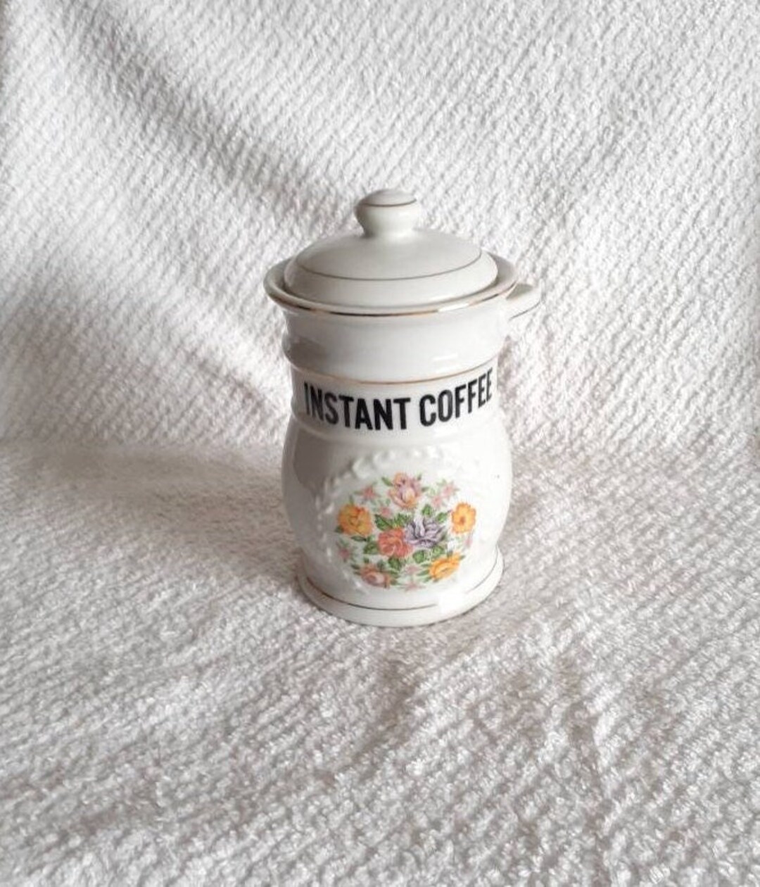 Vintage Instant Coffee Jar With Cork Lid Spoon Holder on the Side