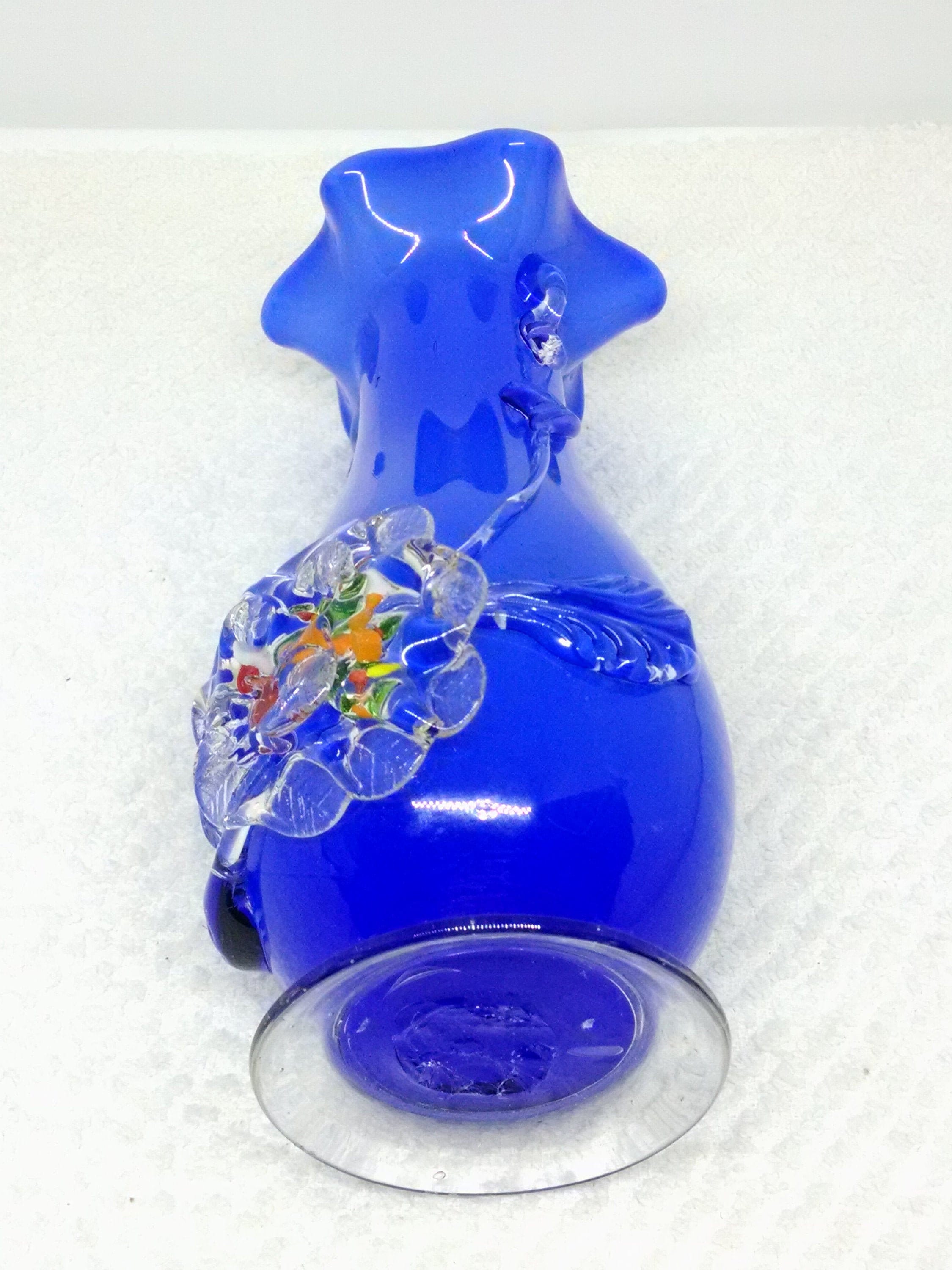 Beautiful Blue Clear Hand Blown Glass Vase Flowers Wide MouthTable NEW! 