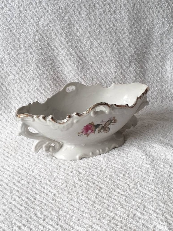 Vintage Fruit Bowl White Porcelain with Pink Roses