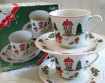 Christmas Porcelain Ware Heritage Boxed Cup and Saucer Set Holly Poinsettia