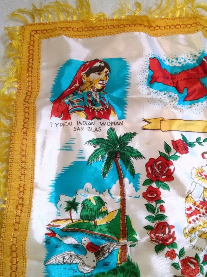 Bright Fabulous Vintage Satin Souvenir Pillow Cover Panama