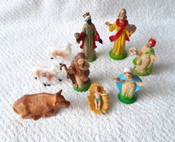 Nine Piece Vintage Nativity Set 70's Plastic Jesus Mary Joseph