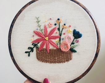 Basket of flowers embroidery hoop art, hand stitched embroidery, floral wall art