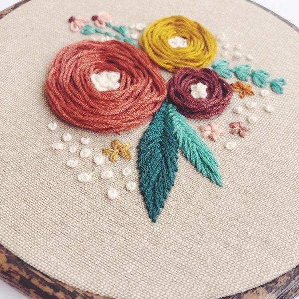 Floral embroidery hoop art, hand stitched embroidery, floral wall art, autumn, fall