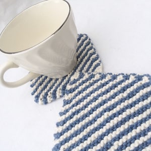 Coasters, Set of Four Blue and Cream Knit Square Cotton Coasters