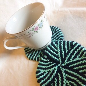 Coasters, Set of Four Black and Teal Knit Round Cotton Coasters