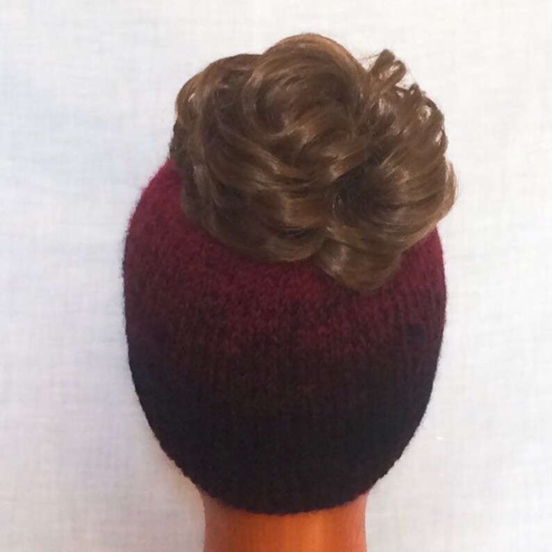 Red and Black Winter Hat Ponytail Hat Messy Bun Hat Knit Messy Bun Hat Red and Black Beanie Knit Ponytail Hat Winter Hat Beanie