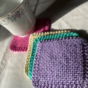 Coasters, Set of Four Knit Square Cotton Coasters, Pink, Purple, Teal, and Yellow Coasters