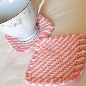 Coasters, Set of Four Pink and White Knit Square Cotton Coasters