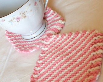 Coasters, Set of Four Pink and White Knit Square Cotton Coasters