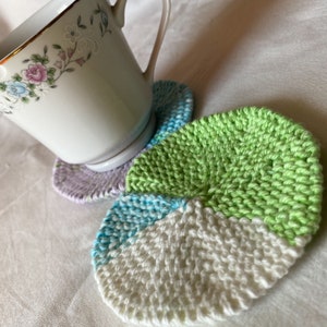 Coasters, Set of Four White, Green, Blue, and Purple Knit Round Cotton Coasters