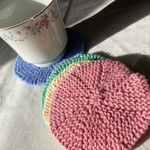Coasters, Set of Four Knit Round Cotton Coasters, Pink, Yellow, Green, and Blue Coasters