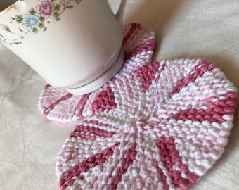 Coasters, Set of Four Pink and White Knit Round Cotton Coasters