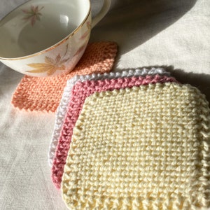 Coasters, Set of Four Pink, Orange, Yellow, and White Knit Square Cotton Coasters