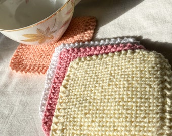 Coasters, Set of Four Pink, Orange, Yellow, and White Knit Square Cotton Coasters