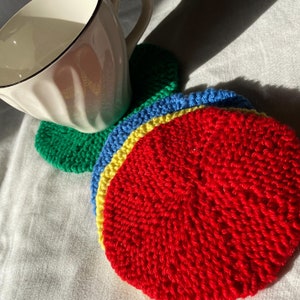 Coasters, Set of Four Knit Round Cotton Coasters, Red, Yellow, Green, and Blue Coasters