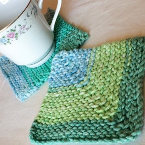 Coasters, Set of Four Lime, Green, and Teal, Blue Knit Square Cotton Coasters