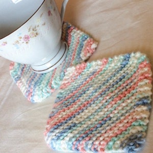 Coasters, Set of Four Pink, Teal, Blue, and White Knit Square Cotton Coasters