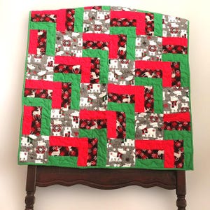 Winter Holiday Bears Baby Quilt – Christmas Bear Blanket – Red Green Flannel Quilt – Handmade Reversible Baby Gift – Nursery Decor