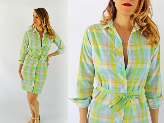1970s Plaid Shirtdress - Size Small