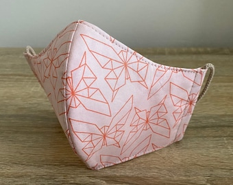 Pink Geo - GOTS Certified Organic Cotton Face Mask - Four Layer - Adjustable Ties & Shapable Nose