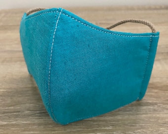 Turquoise GOTS Certified Organic Cotton Face Mask - Four Layer - Adjustable Ties & Shapable Nose