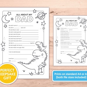 May include: A printable worksheet for kids to fill out about their dad. The worksheet features a black and white illustration of two dinosaurs. The text on the worksheet says "All About My Dad".