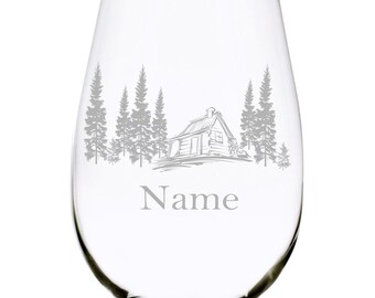 Optional 2nd Side Personalization Winter Cabin Wine Glasses Set of 2