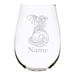 Dragon with  name 17 oz. stemless wine glass