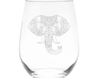 Elephant Stemless Wine Glass - Gift for Elephant Lovers, 17 oz.