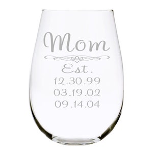 Mom Established stemless wine glass with Date (up to 3 dates)