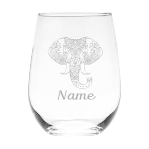Elephant with Name, 17. oz Custom Stemless Wine Glass - Personalized Elephant Themed Gift for Women and Men