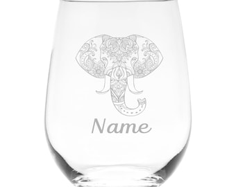 Elephant with Name, 17. oz Custom Stemless Wine Glass - Personalized Elephant Themed Gift for Women and Men