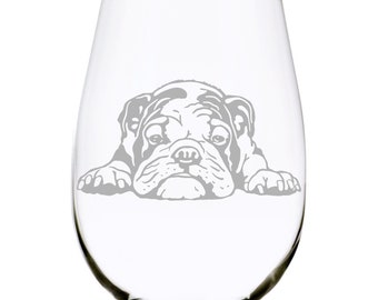 English Bulldog  themed, dog stemless wine glass, 17 oz.