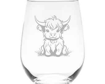 Highland Cow Stemless Wine Glass  - 17 oz.