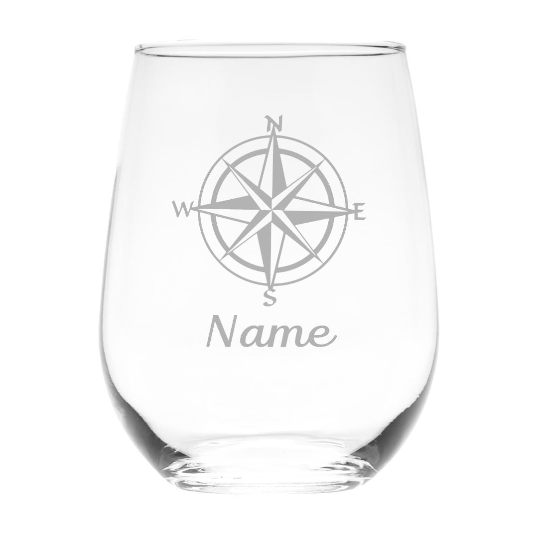 Nautical Compass with Name, 17 oz.  Custom Stemless Wine Glass - Personalized Nautical Compass Themed Gift for Women and Men