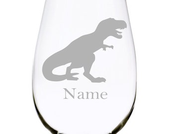 Dinosaur with  name 17 oz. stemless wine glass