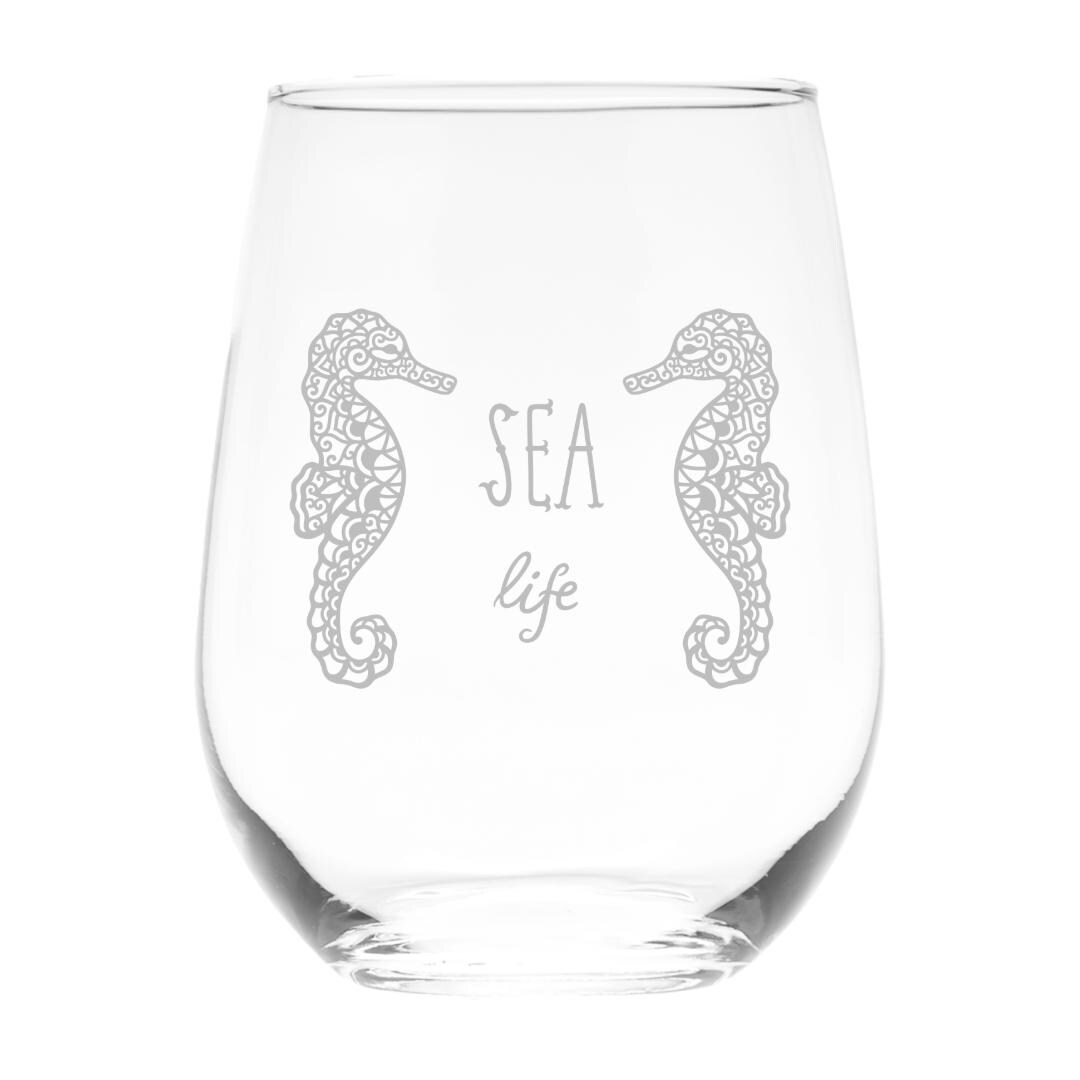 Sea Life with Sea Horses Themed Stemless Wine Glass, 17 oz.