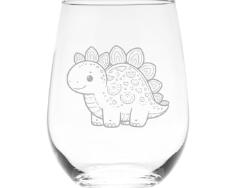 Cheerful Stegosaurus Dinosaur Design Stemless Wine Glass - 17 oz.