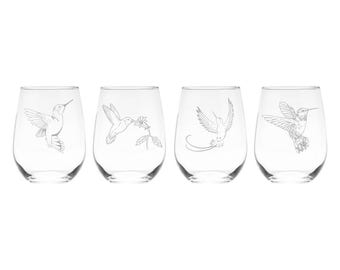 Hummingbird Stemless Wine Glass Set- 4 Pieces