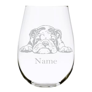 English Bulldog with  name 17 oz. stemless wine glass