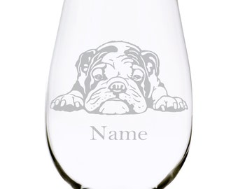 English Bulldog with  name 17 oz. stemless wine glass