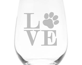 Pawprint Love 17 oz. Stemless Wine Glass -  Cat and Dog Lover Gift