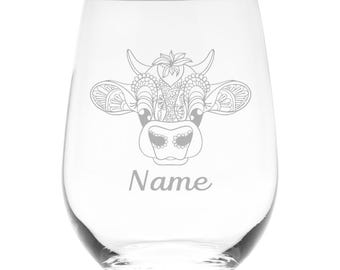 Cow with Name, 17 oz Custom Stemless Wine Glass