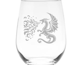 Fire Breathing Dragon 17 oz Stemless Wine Glass - Fantasy Themed Gift