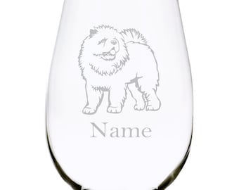 Chow Chow dog with  name 17 oz. stemless wine glass