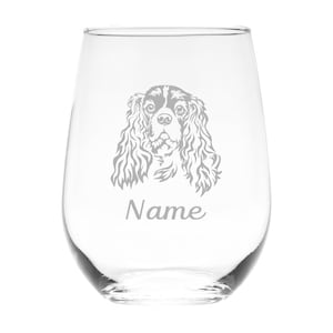 Cavalier King Charles Spaniel Dog with Name 17 oz.  Custom Stemless Wine Glass - Personalized Cavalier King Charles Spaniel Dog Themed Gift